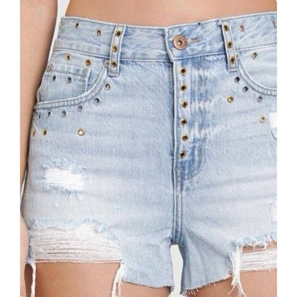 Pistola Studded Distressed Denim Shorts Size 24 Light Wash High Rise Festival